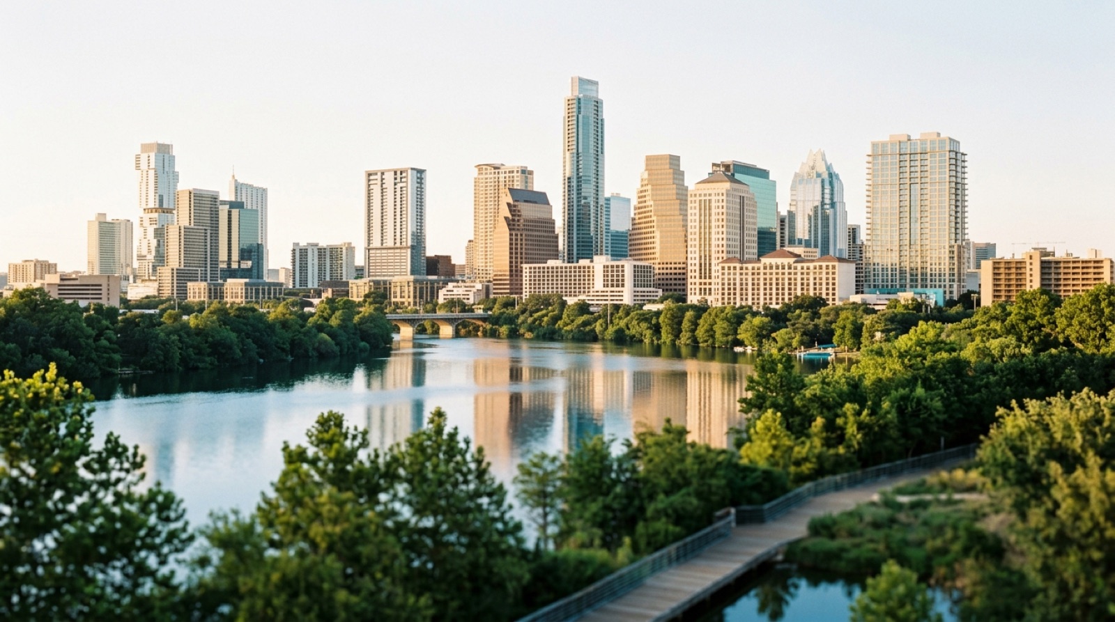 Austin Texas skyline over greenbelt at golden hour